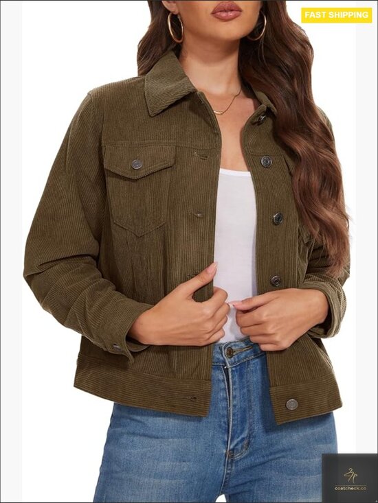 Jackets & Blazers - Cropped Corduroy Jacket Button Down Shacket Long Sleeve Flap Pockets Casual